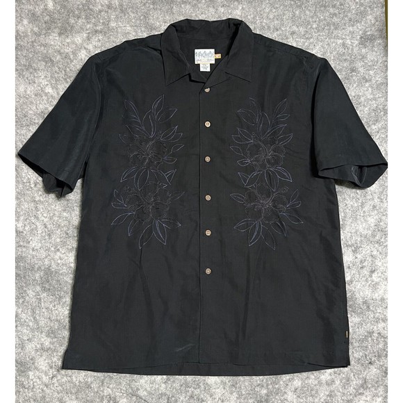 Quiksilver Floral Button Up Shirt Men's L Black Embroidered Short Sleeve Modal - Picture 1 of 17